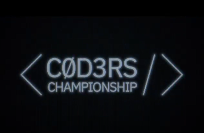 Imagem da tela de apresentação da minissérie CODERS Championship, uma tela preta com o nome da série escrito como código de programação computacional
